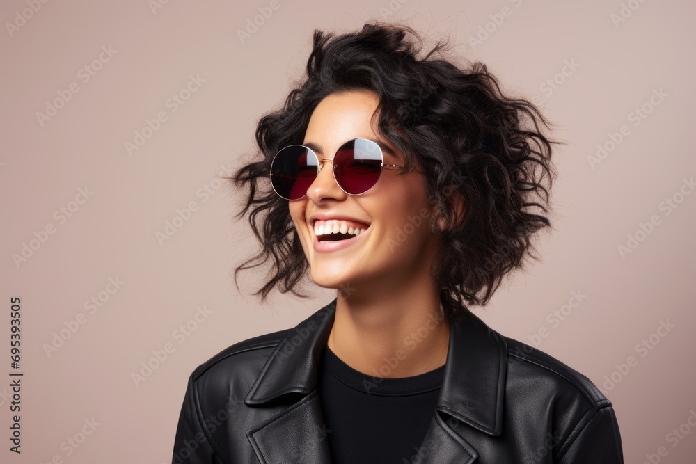 Portrait of a grinning woman in her 30s wearing a trendy sunglasses against a pastel gray background. AI Generation
