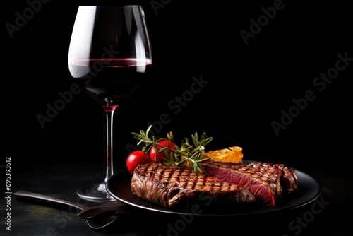  a steak on a plate next to a glass of red wine and a fork and a glass of red wine on a plate on a black surface with a black background.