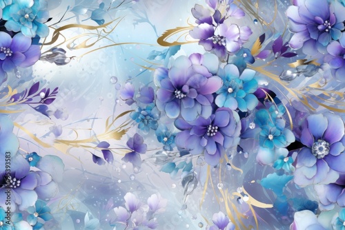  a painting of purple and blue flowers on a blue and white background with gold leaves and flowers on the bottom of the painting, and the bottom half of the painting of the frame.