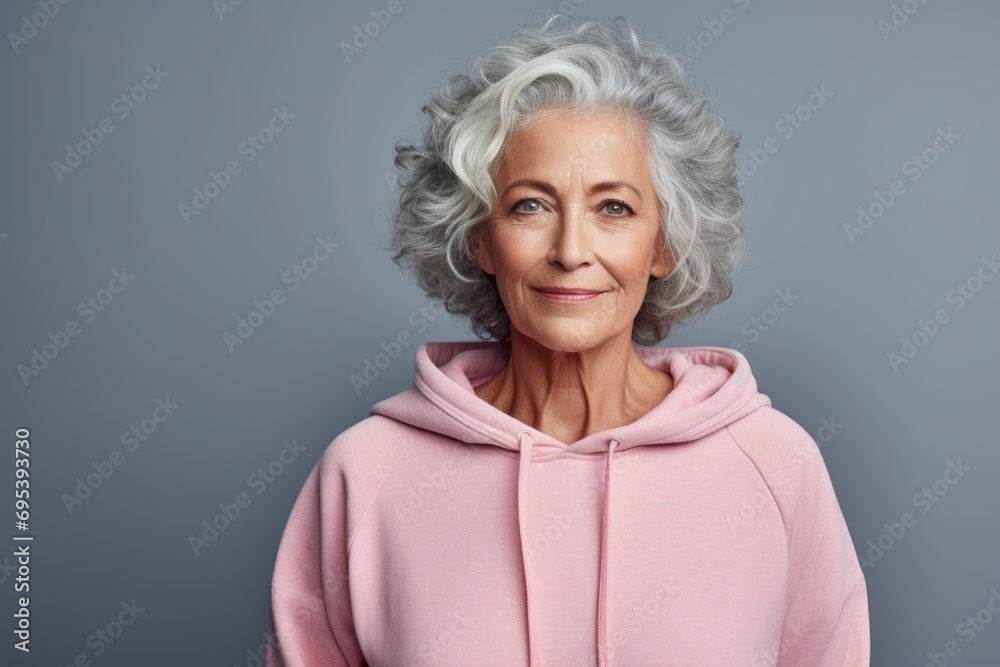 Portrait of a content woman in her 70s wearing a zip-up fleece hoodie against a pastel gray background. AI Generation
