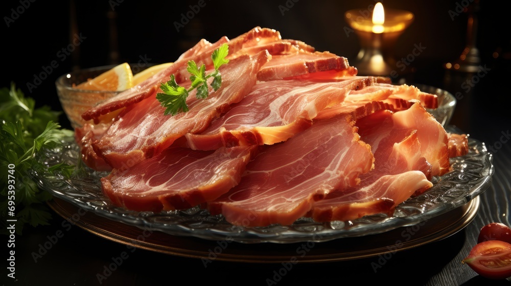 Plate Tasty Smoked Ham, Background HD, Illustrations Plate Tasty Smoked Ham, Background HD, Illustrations