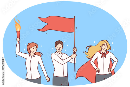 Happy businesspeople with flag and fire celebrate shared business success. Smiling employees striving for win or victory at workplace. Teamwork. Vector illustration.