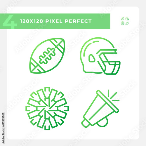 Football equipment gradient linear vector icons set. American football player helmet. Team support. Game day. Thin line contour symbol designs bundle. Isolated outline illustrations collection