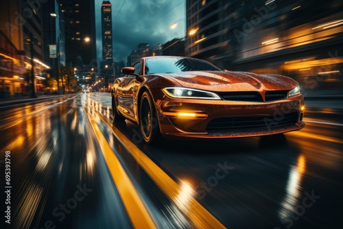  a red sports car driving down a city street at night with lights on it's head lights are on and buildings are lit up behind the cars on the street.