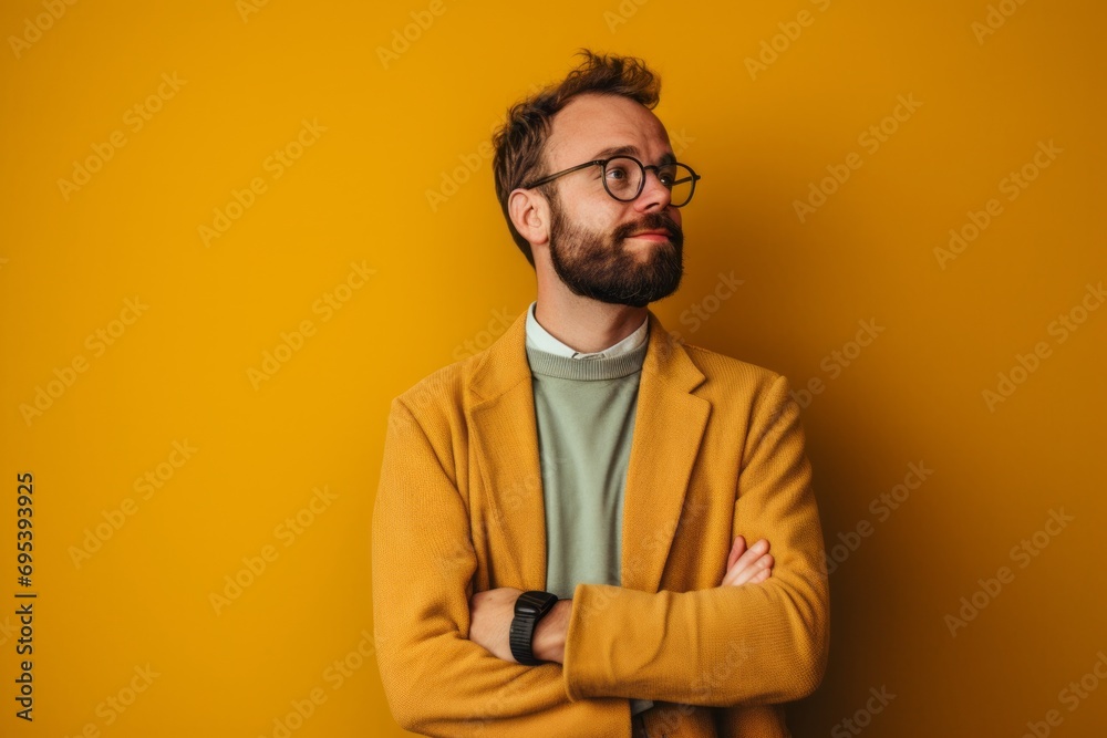 Portrait of a merry man in his 30s wearing a chic cardigan against a pastel brown background. AI Generation Portrait of a merry man in his 30s wearing a chic cardigan against a pastel brown background. AI Generation