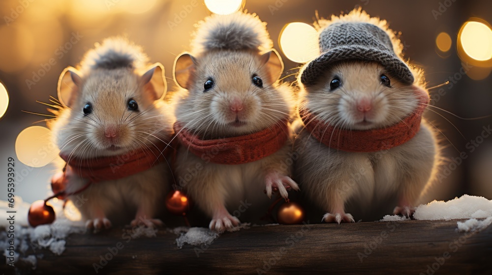 three hamsters wearing hats and scarves sit on a piece of wood in front of a boke of lights and snow on a wooden surface with a blurry background. three hamsters wearing hats and scarves sit on a piece of wood in front of a boke of lights and snow on a wooden surface with a blurry background.