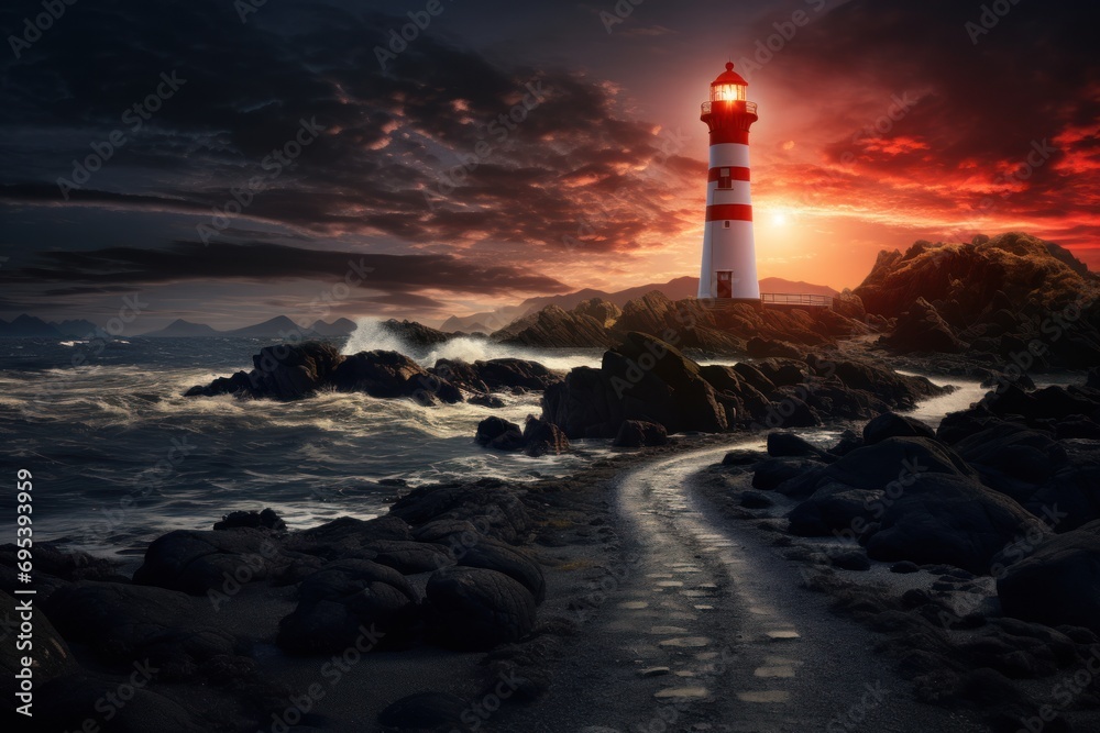  a red and white light house sitting on top of a rocky shore next to a body of water with waves coming in from the shore and a path leading to the lighthouse.