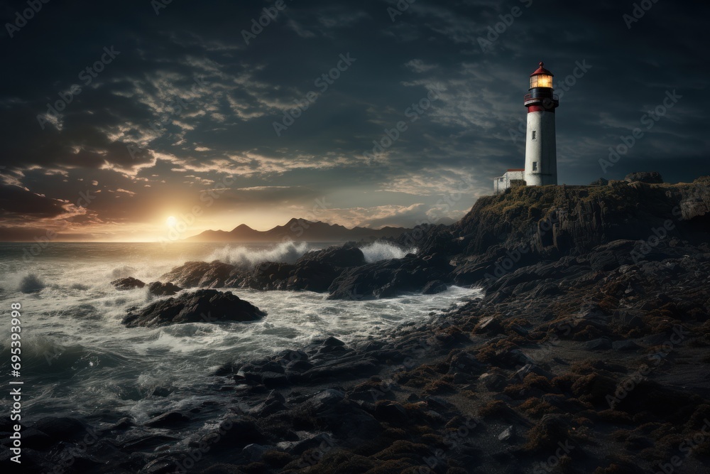  a lighthouse sitting on top of a rocky cliff next to a body of water with waves in the foreground and a sun setting in the middle of the sky.