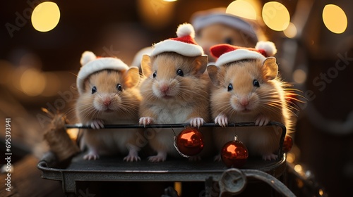  a group of three hamsters sitting on top of a sleigh with a santa hat on top of one of the three hamsters on top of the sleigheigh.