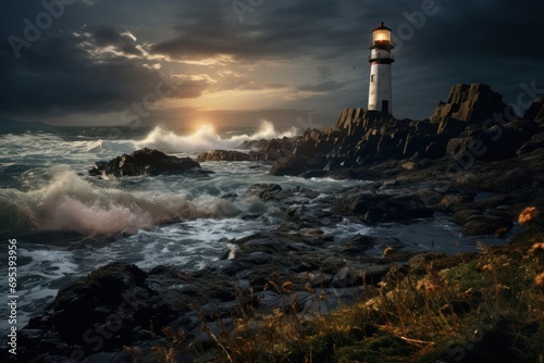  a light house sitting on top of a rocky cliff next to a body of water with waves crashing in front of it and a dark cloudy sky with white clouds.