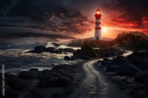  a red and white light house sitting on top of a rocky shore next to a body of water with waves coming in from the shore and a path leading to the lighthouse. © Nadia