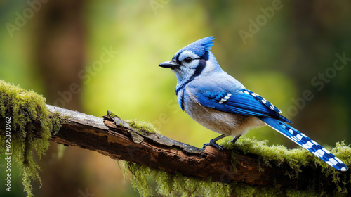 Blue Jay on a Mossy Branch in a Verdant Forest