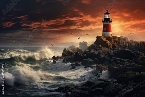  a red and white lighthouse sitting on top of a rocky cliff next to a body of water with a bird flying over the top of the lighthouse in the background.
