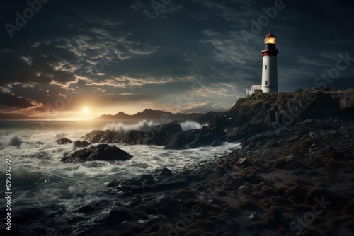  a lighthouse sitting on top of a rocky cliff next to a body of water with waves in the foreground and a sun setting in the middle of the sky.
