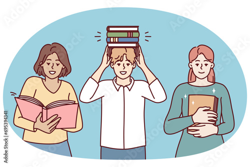 Man and two women students with books from library preparing for exams for university entrance. Set high school pupil people or teachers with textbooks for educational concept. Flat vector image