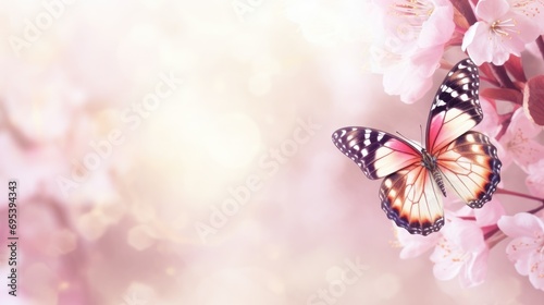 Blurred spring background with butterfly and copyspace. Pink floral banner with copy space. Template for congratulations on Mother's Day and other holidays.