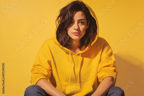 Portrait of a content woman in her 30s sporting a comfortable hoodie against a soft yellow background. AI Generation © Markus Schröder