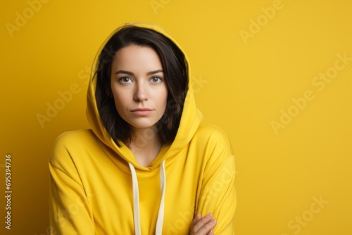 Portrait of a content woman in her 30s sporting a comfortable hoodie against a soft yellow background. AI Generation © Markus Schröder