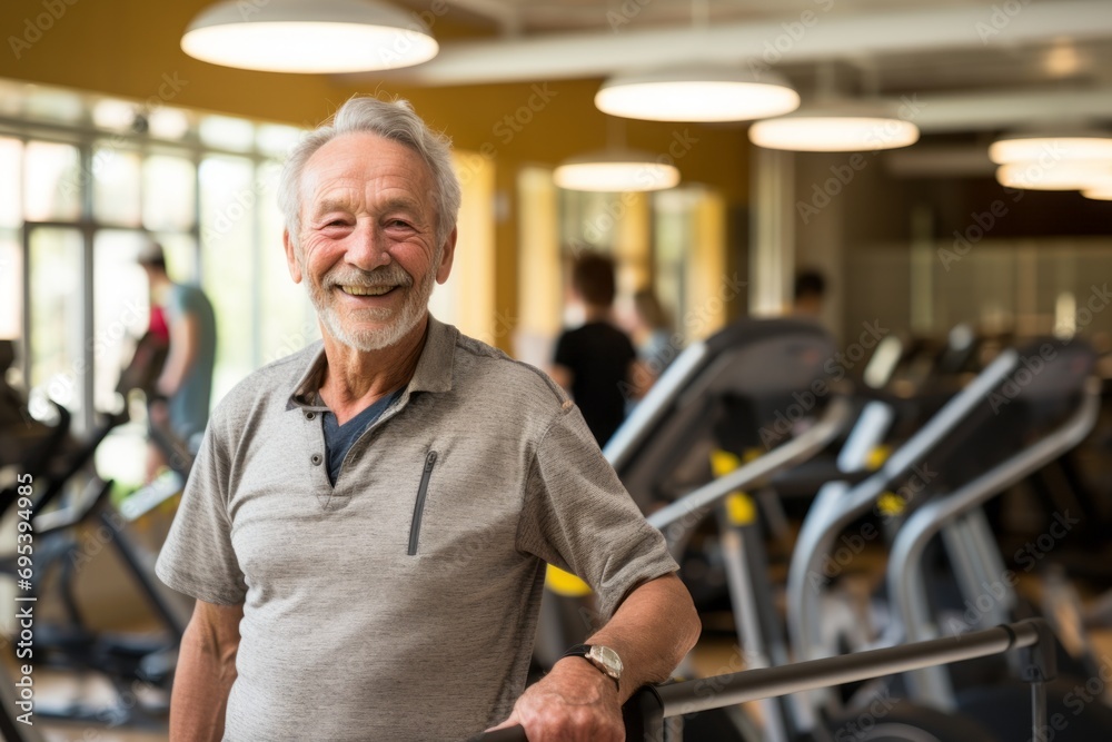 Portrait of a joyful man in his 70s wearing a moisture-wicking running shirt against a soft yellow background. AI Generation