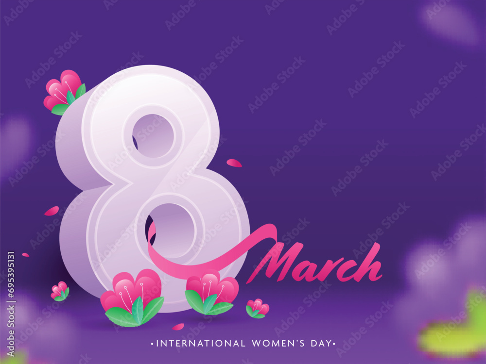 March of 3D 8 Number with Flowers Decorated on Purple Background for International Women's Day Concept. Can Be Used as Greeting Card. March of 3D 8 Number with Flowers Decorated on Purple Background for International Women's Day Concept. Can Be Used as Greeting Card.