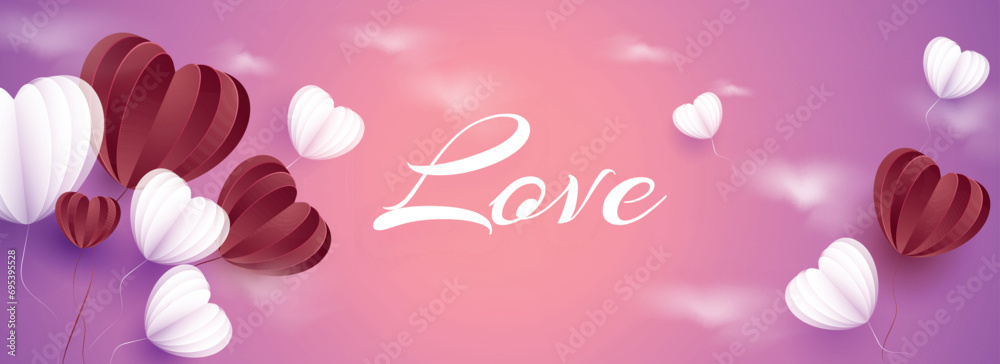Love Message Font with Paper Cut Heart Shaped Balloons Flying on Gradient Pink Clouds Background. Happy Valentine's Day Header or Banner Design.