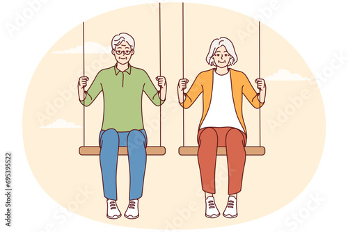 Happy energetic elderly couple siting on swings enjoy maturity together. Smiling active old man and woman have fun relaxing. Vector illustration.