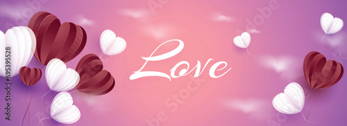 Love Message Font with Paper Cut Heart Shaped Balloons Flying on Gradient Pink Clouds Background. Happy Valentine's Day Header or Banner Design.