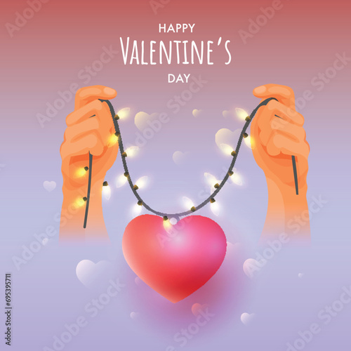 Happy Valentine's Day Concept with a Person Holding String Light and Heart Shape on Glossy Pastel Pink and Violet Gradient Background.