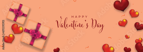 Happy Valentine's Day Font with Top View of 3D Gift Boxes and Glossy Heart Shapes on Peach Background.