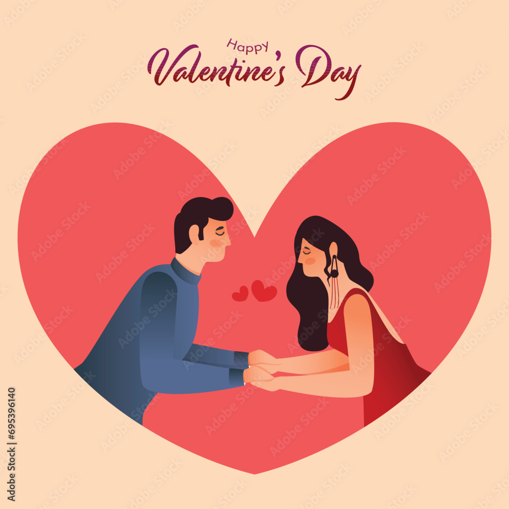 Fototapeta premium Happy Valentine's Day Celebration Greeting Card, Side View of Romantic Young Couple Character Holding Hands Each Other.