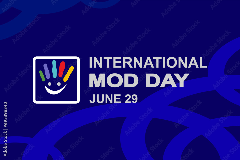 International mod day poster or greeting card design with elegant and clean blue color and icons of palms and smiling lips.big day or world celebration on June 29.vector