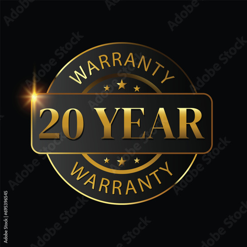 20 year warranty logo with golden shield and golden ribbon.Vector illustration.