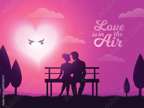Silhouette of Romantic Young Couple Sitting at Bench in Nature View  Can Be Used as Greeting Card Design for Happy Valentines Day.
