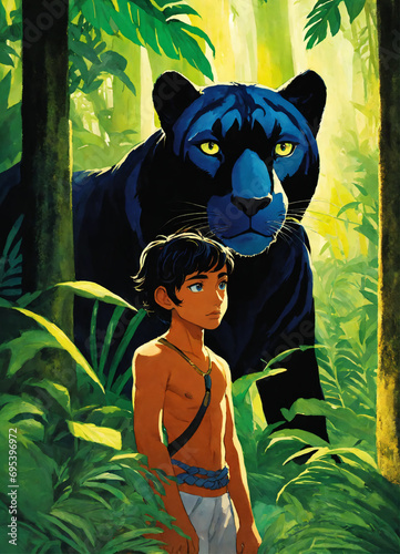 Indian boy and panther in the jungle