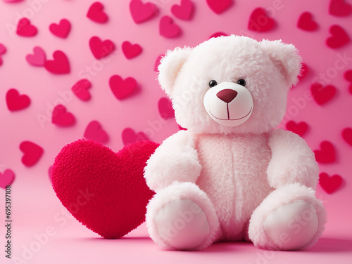 Soft plush toy white fluffy bear on a background of pink hearts