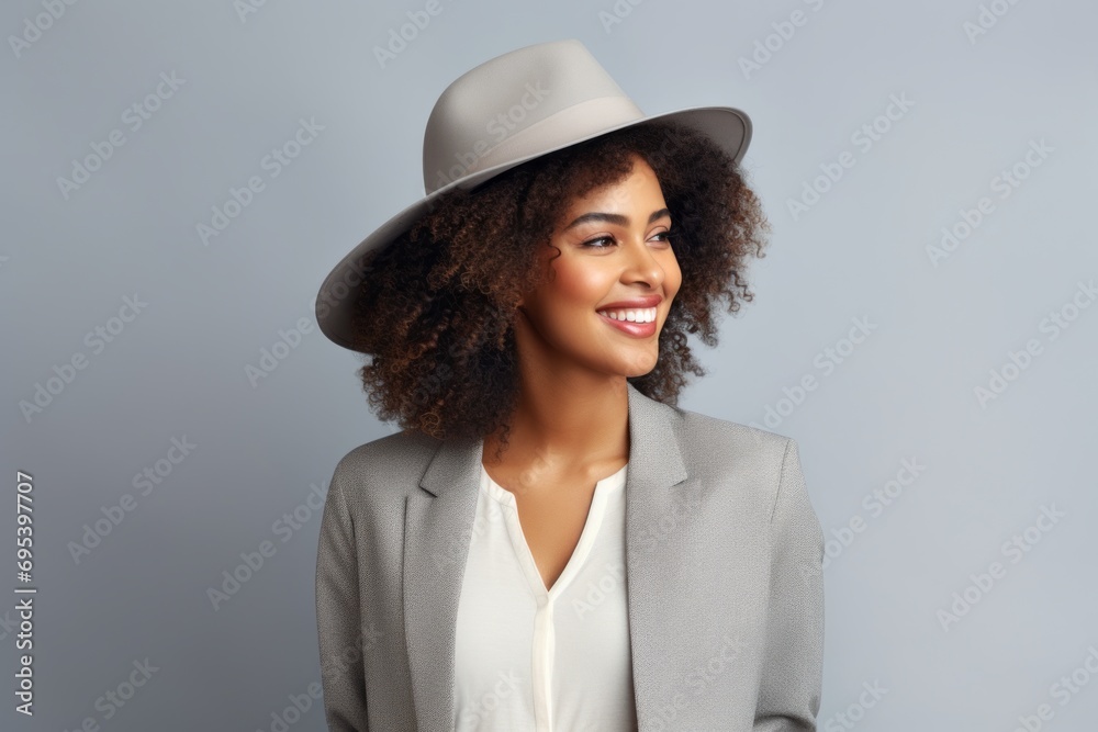 Portrait of a satisfied afro-american woman in her 20s donning a classic fedora against a soft gray background. AI Generation Portrait of a satisfied afro-american woman in her 20s donning a classic fedora against a soft gray background. AI Generation