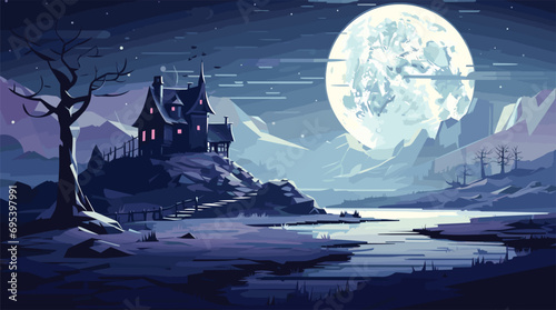 vector illustration of the lunar landscape, capturing the stark beauty of the moon's surface with a crystal clear, simple style. lunar grays, cosmic blacks, and minimalistic