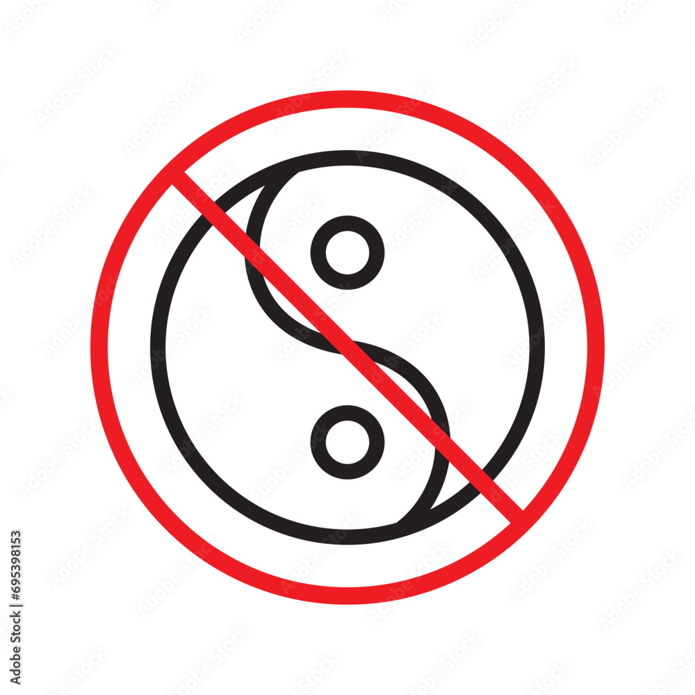 Prohibited yin yang vector icon. No yin-yang icon. Forbidden buddism icon. No ying yang sign. Warning, caution, attention, restriction, danger flat sign design symbol pictogram Prohibited yin yang vector icon. No yin-yang icon. Forbidden buddism icon. No ying yang sign. Warning, caution, attention, restriction, danger flat sign design symbol pictogram