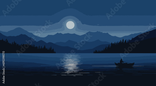 minimalistic vector illustration of a serene lakeside scene under the moonlight, with a solitary rowboat gently floating on the calm water. moonlit lake blues, boat whites