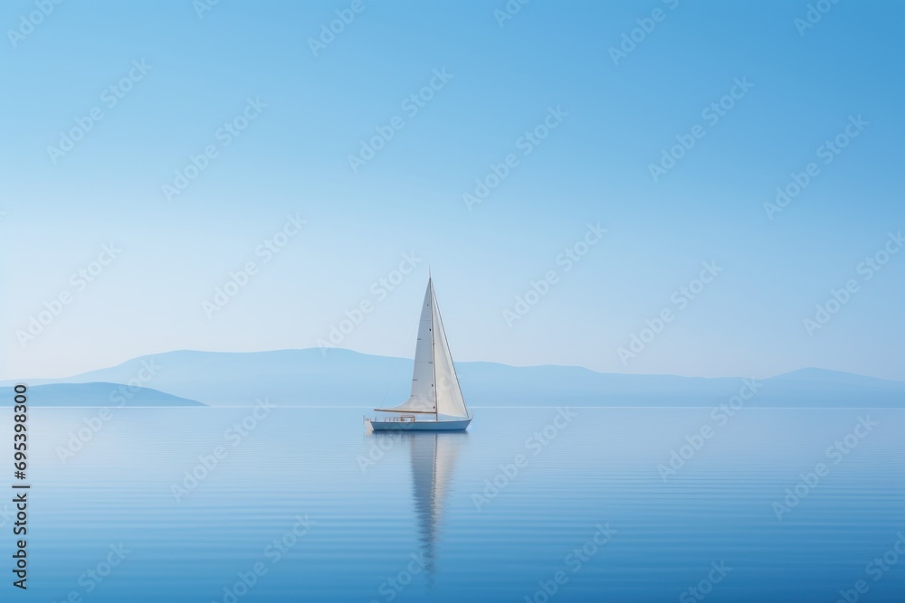  a sailboat floating in the middle of a large body of water with mountains in the backgrouund and a blue sky in the backgrouund.