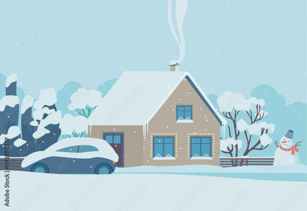 Simple village house covered with snow Simple village house covered with snow