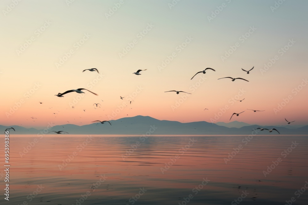 a flock of seagulls flying over a body of water with a mountain range in the distance in the distance in the distance is a body of water with birds flying in the foreground. a flock of seagulls flying over a body of water with a mountain range in the distance in the distance in the distance is a body of water with birds flying in the foreground.
