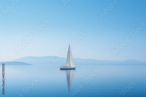  a sailboat floating in the middle of a large body of water with mountains in the backgrouund and a blue sky in the backgrouund.
