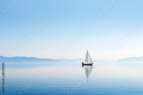  a sailboat floating in the middle of a lake with mountains in the background and a clear blue sky in the middle of the lake, with a lone sailboat in the foreground.