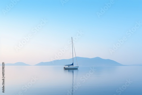  a sailboat floating in the middle of a large body of water with a mountain range in the distance in the distance in the distance is a hazy blue sky.