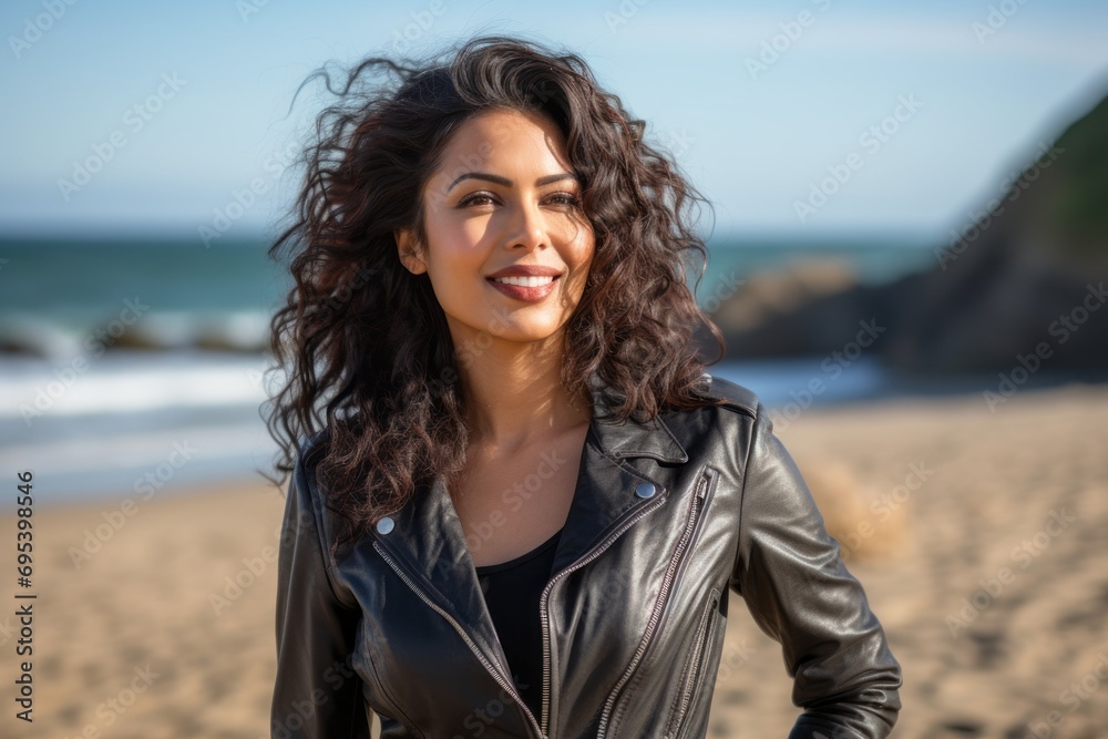 Portrait of a content indian woman in her 40s sporting a classic leather jacket against a sandy beach background. AI Generation Portrait of a content indian woman in her 40s sporting a classic leather jacket against a sandy beach background. AI Generation