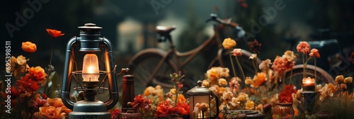 Old Kerosene Lamp Flower Garden Dark , Banner Image For Website, Background, Desktop Wallpaper photo