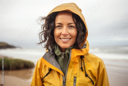 Portrait of a happy woman in her 40s sporting a waterproof rain jacket against a sandy beach background. AI Generation © Markus Schröder