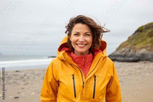 Portrait of a happy woman in her 40s sporting a waterproof rain jacket against a sandy beach background. AI Generation