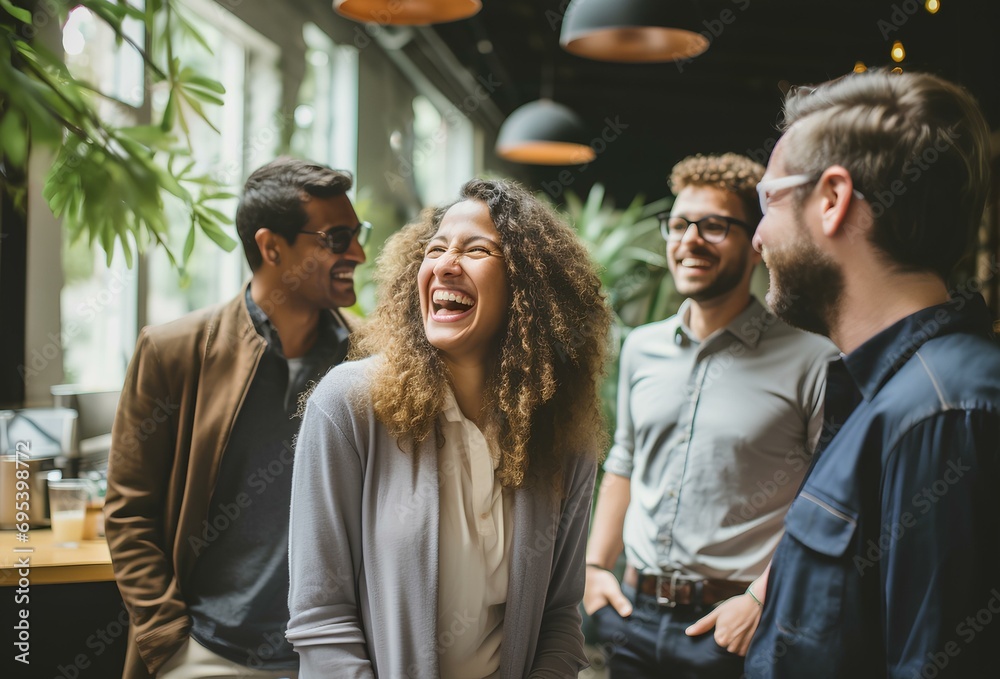 a group of businesspeople or coworkers laughing during a coffee break. concept of work life with a pleasant and comfortable atmosphere. generative AI